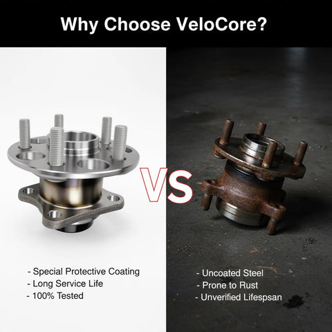 Comparison of VeloCore rear wheel hub with protective coating vs. rusted wheel hub, highlighting features and benefits.
