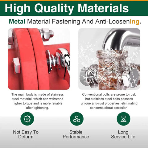 Comparison of stainless steel and conventional bolts emphasizing anti-loosening and corrosion resistance.