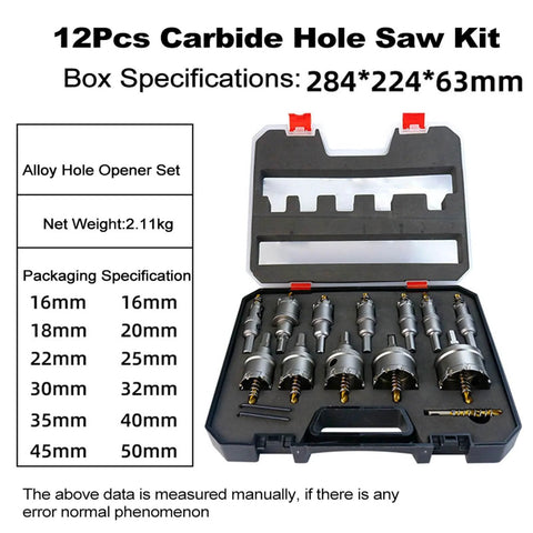 Pro Grade Carbide Tipped Hole Saw Set For Metalworking, 16 To 53mm Drill Bits With Wrench, case open with 12 pieces visible