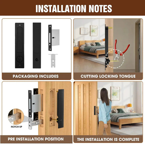 Pocket Door Lock Set With Edge Pulls And Hidden Handles for sliding doors installation guide in a home bedroom setting.
