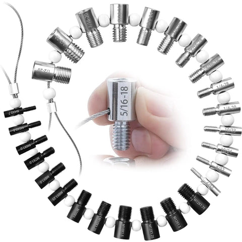 Nut And Bolt Thread Checker Inch And Metric With 26 Male Female Gauges 14 Inch And 12 Metric Size Identifiers Quick Verify Nuts And Bolts For Fast Repairs close-up of gauges showing male and female sizes on wire cable.