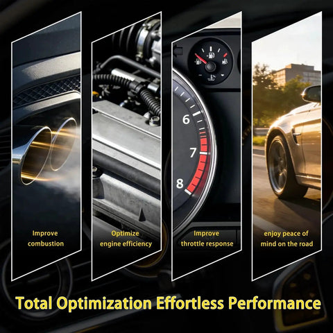 Image showing four segments: exhaust, engine, speedometer, and car on road highlighting performance improvements.