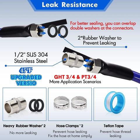 50ft heated RV water hose with stainless fittings, rubber washers, hose clamps, and Teflon tape
