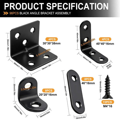 96Pcs Black Stainless Steel L Corner Brackets And Flat Mending Plates Set, product specification with dimensions