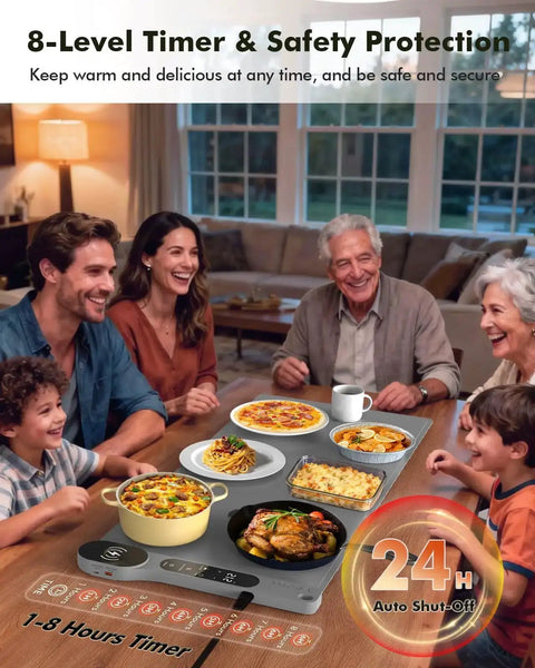 Family enjoying meal with Roll Up Food Warmer Mat With 15W Wireless Charger And Quick Heat, 34 by 15 Inch Extra Large Buffet Warmer For Parties.