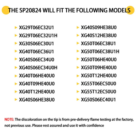 SP20824 thermopile compatibility list for pilot burner models, two columns listing about 20 model codes.