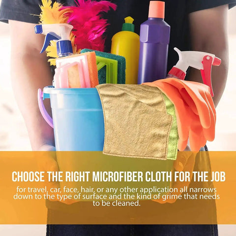 Person holding a bucket with cleaning supplies including Ultra Soft Microfiber Cleaning Cloths 5 Pack 11.8 By 11.8 Inches