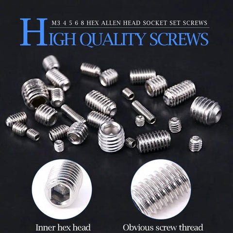 200 Piece M3 M4 M5 M6 M8 Hex Allen Head Socket Set Screw Assortment Kit Made Of 304 Stainless Steel