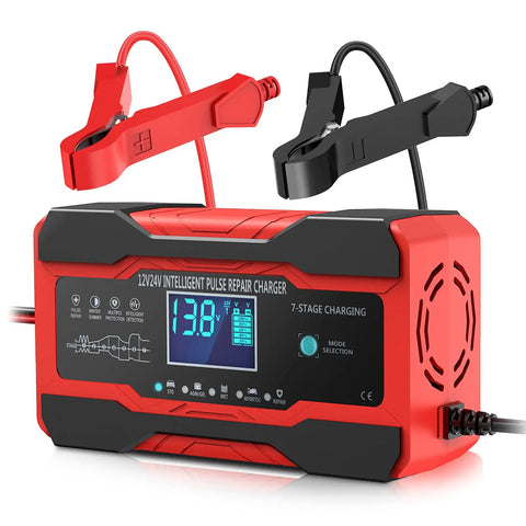 All In One 10 Amp 12V 24V Car Battery Charger Maintainer Trickle Charger And Desulfator With Temperature Compensation for lead-acid batteries.