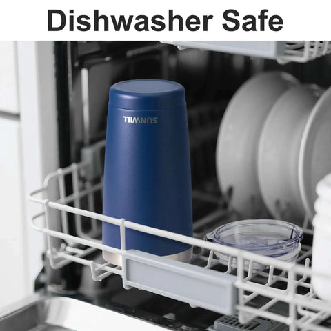 20 Oz Travel Coffee Tumbler Insulated Stainless Steel Cup With Lid in dishwasher, showing navy powder-coated cup and clear lid