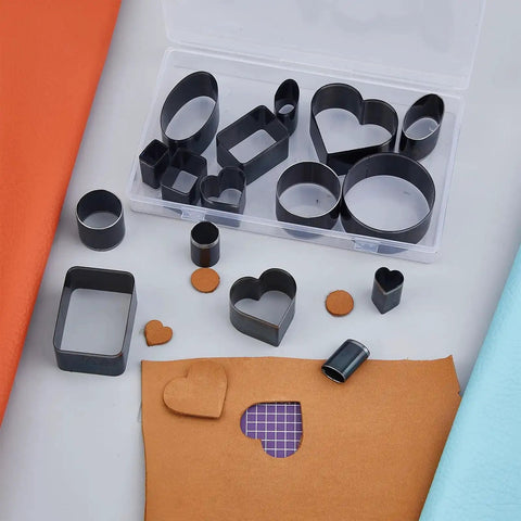 DIY Leather Die Cutting Kit 16Pcs Punch Cutter Set with hearts, rectangles, rounds on PVC mat for jewelry making and crafts.