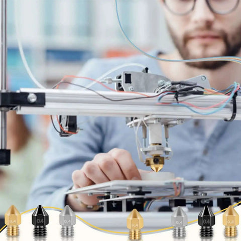 3D printer extruder with various nozzles from the 50 Piece Mk8 3D Printer Nozzle Set Hardened Steel Stainless Steel Brass For CR 10 Ender 3