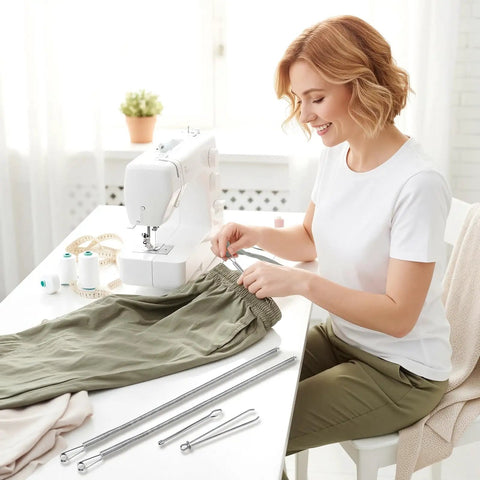 Woman using 6 Pcs Drawstring Threader Tool Set With 3 Designs for lacing sweatpants near a sewing machine.