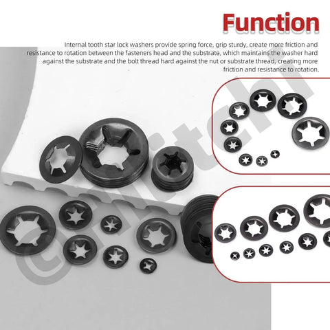 Front view of Hilitchi 351-piece internal-tooth star lock washers set in black oxide steel, 9 sizes
