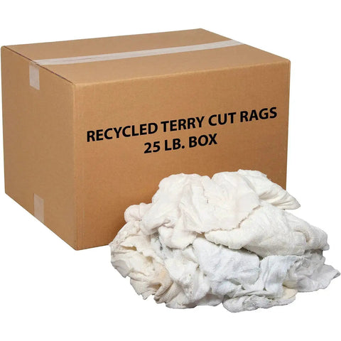 25 Lb Box Recycled Cotton Terry Cut Rags White All Purpose Wipers For Polishing, Dusting And Cleaning Jobs, Machine Washable And Reusable