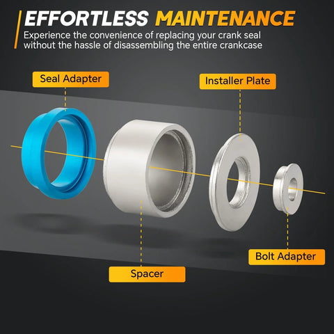 Components of 22 Piece Crankshaft Bearing And Camshaft Seal Remover And Installer Set Aluminum Tool Kit displayed with labels