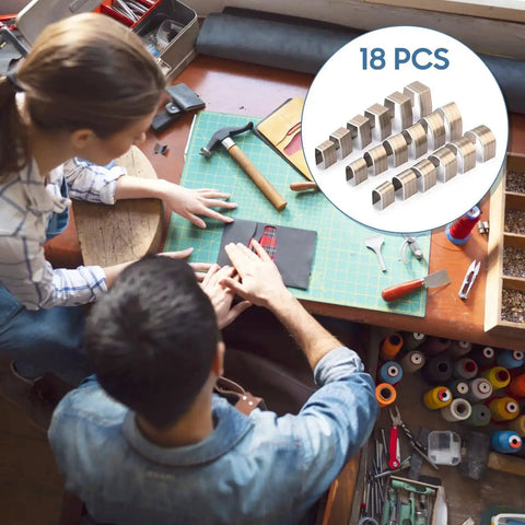 Overhead view of two people crafting leather on a table with 18Pcs Universal DIY Embossing Punch Set Kit In Alloy Steel for Leather Crafting shown.