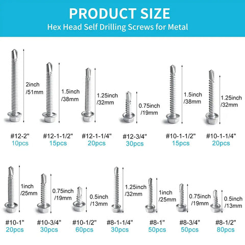 410 Stainless Steel TEK Self Tapping Screws Assortment For Metal Self Drilling Hex Head 430 Piece Pack 13 Sizes Chart