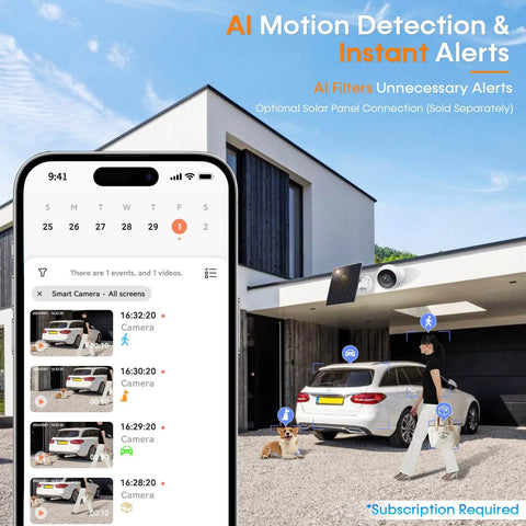 2 Pack Wireless Outdoor Security Cameras With Magnetic Mounts No Drill Setup Hassle Free Indoor Use Smart 2K WiFi Long Battery Life AI Motion Detection For Home Security displayed on a smartphone app in front of a modern house with a car and people.