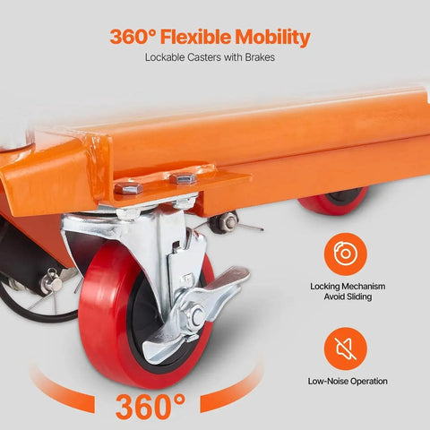 Close-up of Manual Hydraulic Lift Table Cart 330lb Capacity 50in Lift With 4 Wheels showing red caster with brake mechanism.