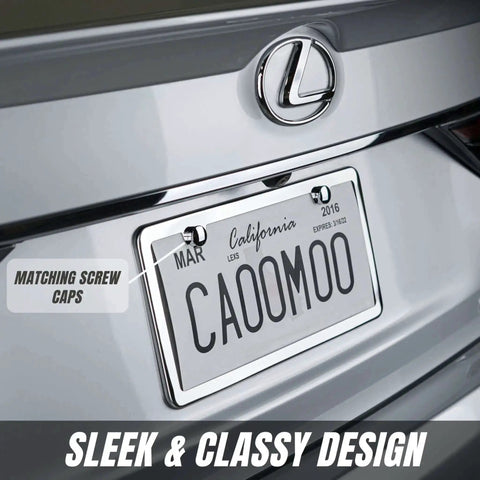 Stainless Steel License Plate Frame Set With Chrome Screw Caps Slim 2 Hole Design Rustproof Mirror Silver Finish on car