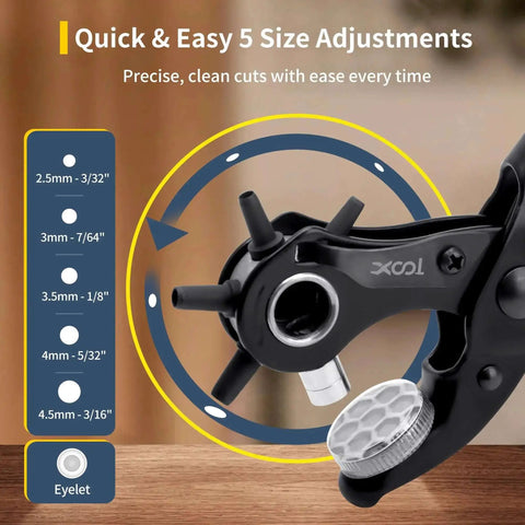 Close-up of Two In One Leather Hole Punch And Eyelet Tool Kit showing 5 size adjustments from 2.5mm to 4.5mm for quick holes.