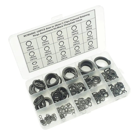 External Retaining Ring Kit With 320 Pieces In 15 Metric Sizes From 4mm To 28mm C Clips Assortment For Shafts Carbon Spring Steel