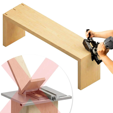 Self Centering Steel Spline Jig For Trim Routers Pro Grade Woodworking Tool in use on wooden furniture corner joint