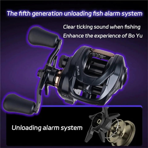 Baitcasting fishing reel, front view, right-handed, 7.0:1 gear ratio, dual brake system, black finish.