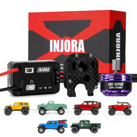 MBL32 G2 Waterproof Brushless ESC and 2204 Fat Viper Outrunner Motor for 1/24 Axial SCX24 upgrade, shown with RC crawlers.