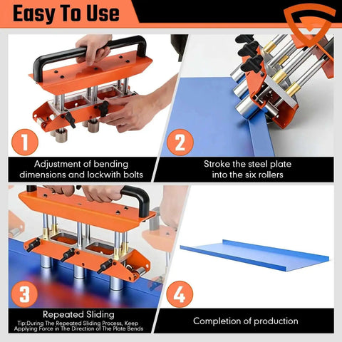 Demonstrating use of the 3-Station Sheet Metal Roller Bender for 0-90 Degree Bends, showing steps in aluminum standing seam roof bending.