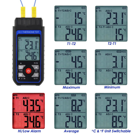 Blue handheld dual-channel K/J thermocouple thermometer with 4 K-Type probes; backlit LCD shows T1-T2, T2-T1, MAX/MIN/AVG
