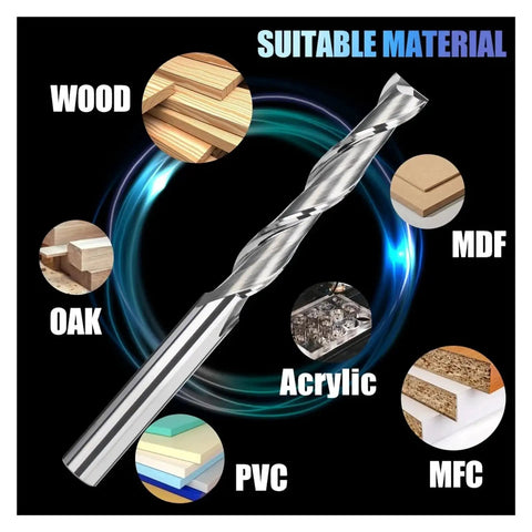 Ten Piece Set Two Flute Carbide End Mills With One Eighth Inch Shank For CNC Machining Wood PVC MDF displayed with material suitability.