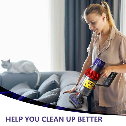 Woman cleaning couch with Mini Motorized Vacuum Brush Head For Dyson V7 V8 V10 V11 V15 Cordless Cleaners, pet hair removal