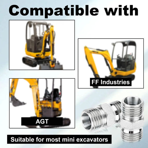 2-pack M14 to M14 carbon steel hydraulic hose fittings adapters for mini excavators; compatible with AGT and FF Industries