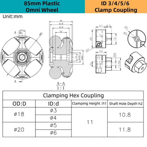 Technical diagram of 85mm Plastic Omni Wheel with ID 3/4/5/6 clamp coupling, showing measurements for robot projects.