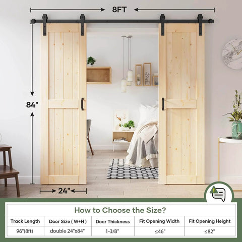 Double Sliding Barn Door Slab Kit 48x84 Inches Total With Spruce Solid Wood 24x84 Each Door 8ft Hardware Track Complete Kit