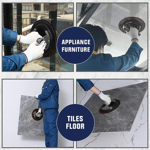 Person using 8 Inch Glass Suction Cups Set For Lifting Large Glass Up To 617 Pounds with Beefy Vacuum Lifter on glass pane and tiles