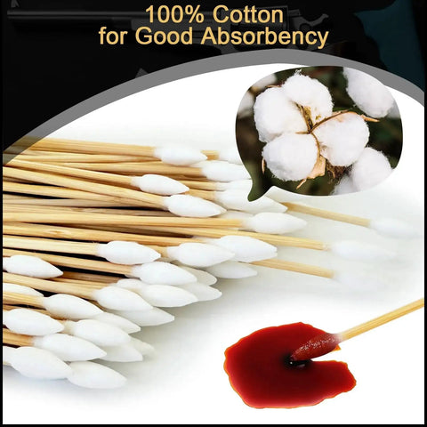 Double-Ended 6-Inch Bamboo Cotton Swabs for Cleaning Makeup and Electronics, showing cotton bloom and swab absorbing liquid