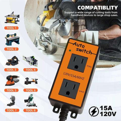 Automatic Vacuum Switch With Remote Control For Power Tools And Dust Collectors Auto On Off Modes, close-up of outlets and compatibility list
