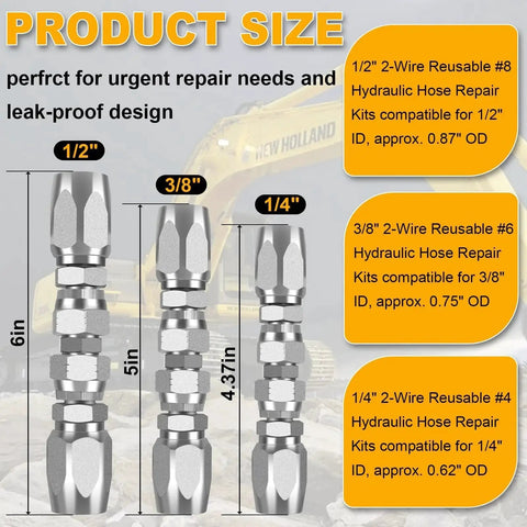 Three Pack Reusable Hydraulic Hose Repair Kit With One Quarter Inch Three Eighths Inch And One Half Inch Inner Diameter Fittings Chart