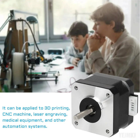 Nema 17 Stepper Motor 33mm body, 1.5A, 29Ncm holding torque shown near a 3D printer setup in a workshop. Ideal for CNC and 3D printers.