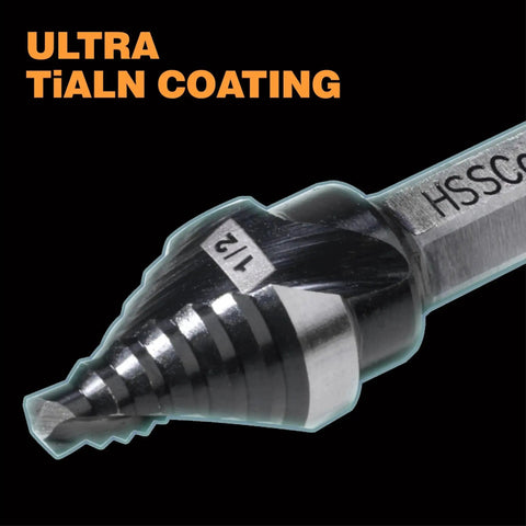 Close-up view of M35 HSS One Half Inch Step Drill Bit Unibit with Double Spiral Flutes, featuring TiAlN coating for drilling.