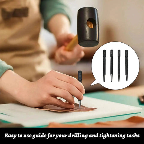 Person using 4 Piece Center Punch Set For Metal Marking And Hole Starting Points, Hardened Steel Tips in 1/32-4/32 Inch Sizes, Durable Black Finish Nail Punch Kit