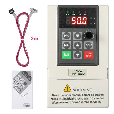 Front view of 110V Variable Frequency Drive For Motor Speed Control With 1.5 kW Output, CNC Ready Power Converter with 2-meter cord