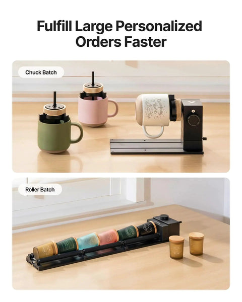 Smart MagSwap Rotary Attachment For P3 F2 Ultra F1 Ultra And Laser Engravers, cups and tumblers on chuck and roller batch setup