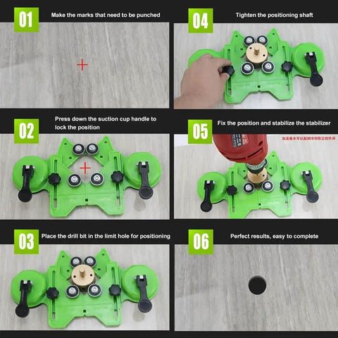 Pro Grade Adjustable Tile Hole Cutter Centering Locator Jig with Dual Vacuum Suction Bases for Drilling Ceramic Glass Marble or Granite Holes, shown in use with step-by-step setup instructions for precise hole drilling.