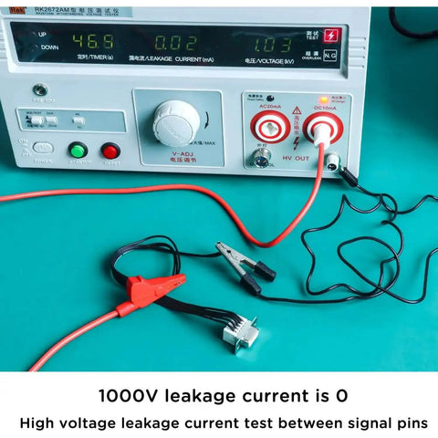 High voltage leakage current test setup with DB25 Male Breakout Board Adapter connected, shows 1000V leakage current as 0, on test equipment.