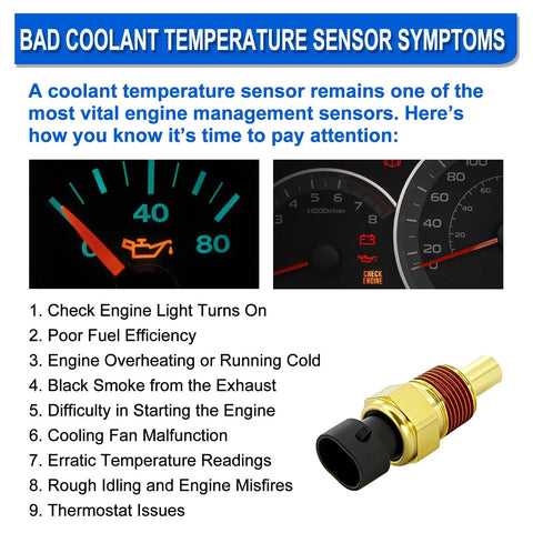 Engine coolant temperature sensor by Amazon; brass body and black connector, shown with gauges and symptoms list