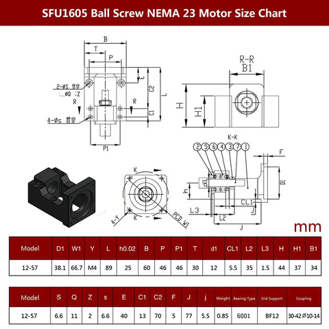 Technical diagram and dimensions of Beefy Steel Nema 23 Stepper Motor Mounting Bracket for 57mm Motors and Ball Screws SFU1605.